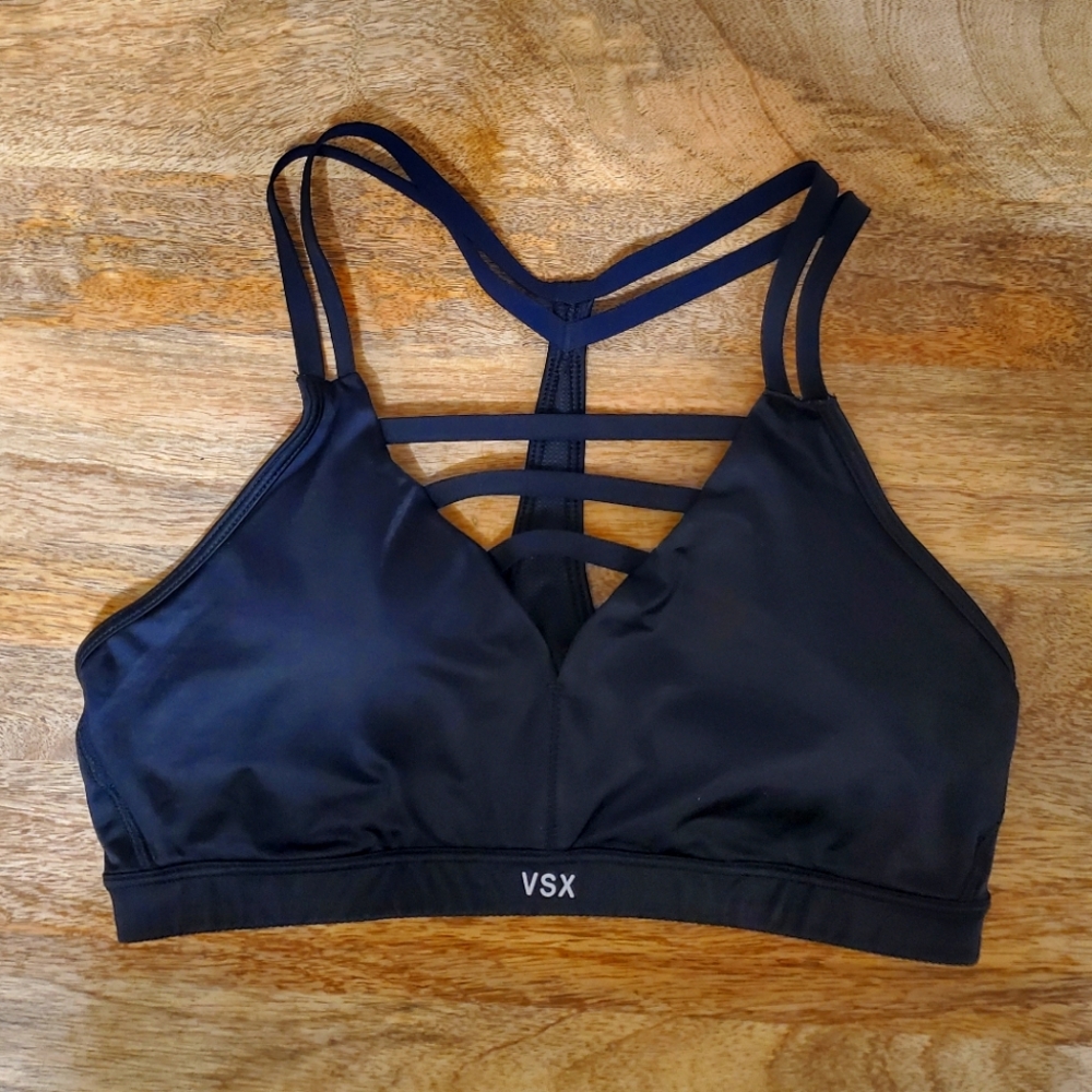 Victoria's Secret VSX black shiny fabric sport bra cage front